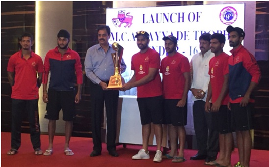 Dilip Vengsarkar & Rohit Sharma launching M.C.A. Payyade Trophy Under-16 with Mumbai Ranaji Team and Dr. P.V. Shetty (3rd from right)