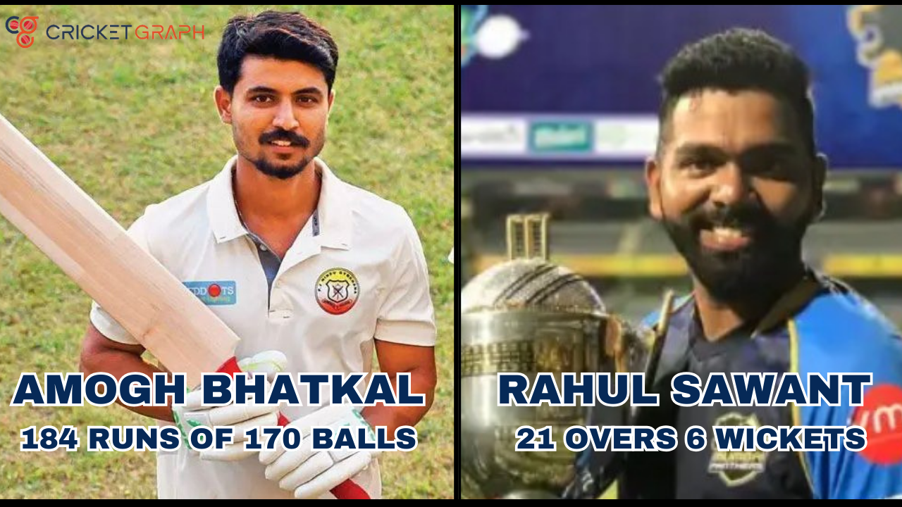 Amogh Bhatkal 184 Runs of 174 Runs & Rahul Sawant 21 overs 6 wickets