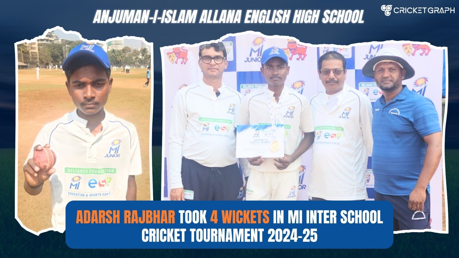 Man of the Match Adarsh Rajbhar took 4 wickets in MI INTER SCHOOL CRICKET TOURNAMENT 2024-25