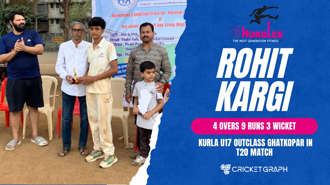 [6:47 PM, 5/30/20Hurdles Cricket Academy: Kurla U17 Outclass Ghatkopar in T20 Match [6:49 PM, 5/30/2025] Darshan Thorat cricketgraph: Rohit karki 4 overs 9 runs 3 wicket