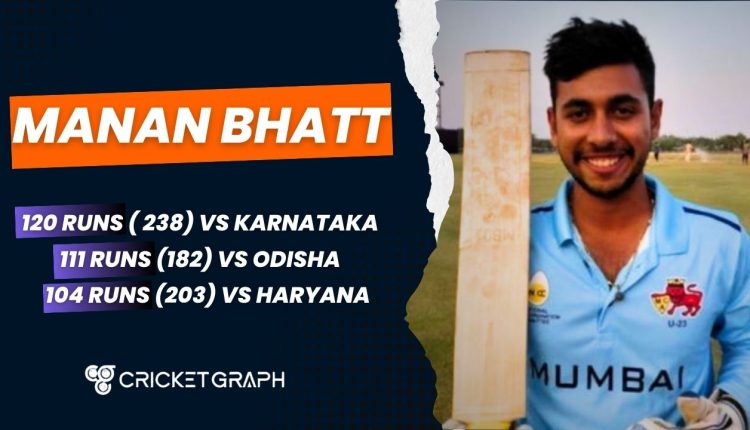 Manan Bhatt 120 Runs ( 238) Vs Karnataka 111 Runs (182) Vs Odisha 104 Runs (203) Vs Haryana
