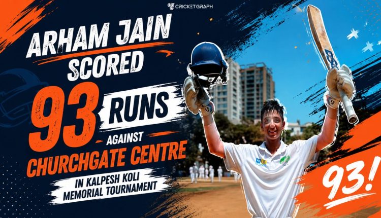 Arham Jain scored 93 runs against Churchgate Centre in Kalpesh Koli Memorial Tournament